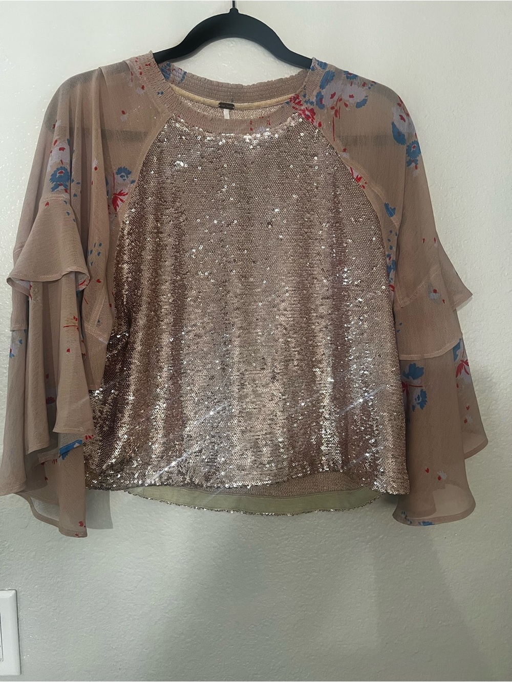 Free People Sequin Front Ruffle Sleeve Top - Taupe. Preowned